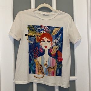 Zara: Cheetah/Woman Print White T-Shirt/Tee - Size S